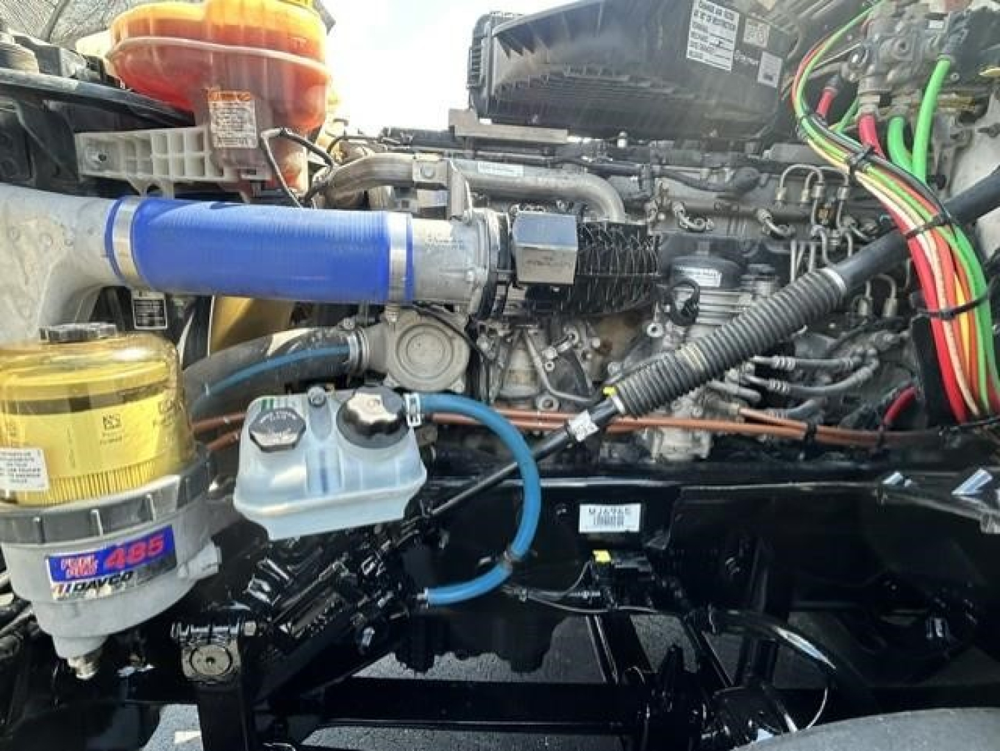 Freightliner Cascadia engine bay showing blue intake hose, coolant reservoir, and various hoses and wiring harnesses.