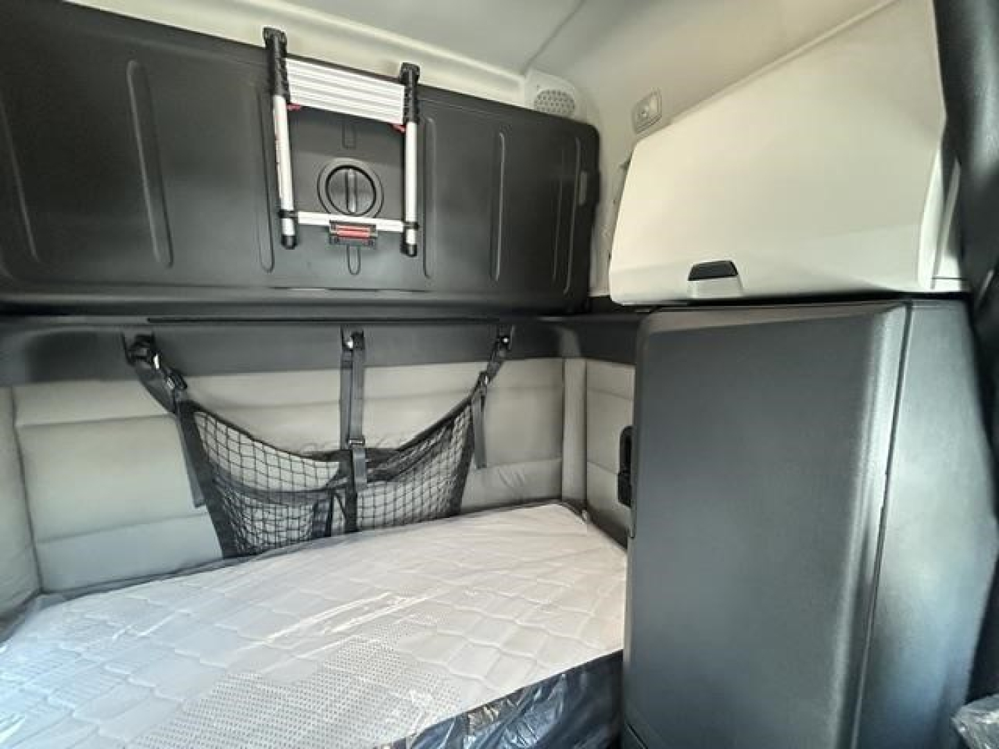 Freightliner Cascadia 126 sleeper cab interior showing bunk area with storage net and overhead cabinet.