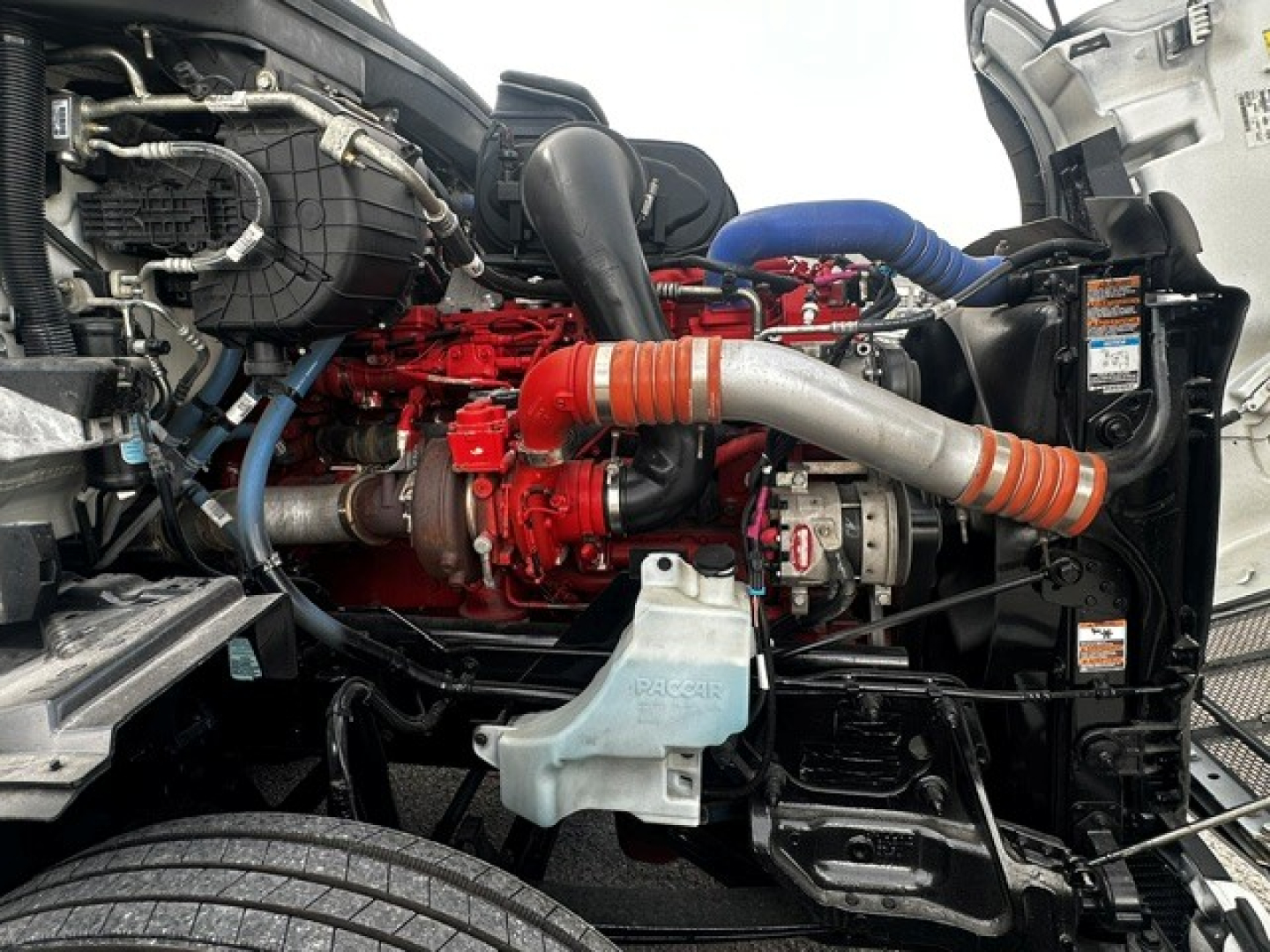 Peterbilt 579 engine bay showing red engine block, blue turbo hose, orange hose clamps, and various hoses and components.