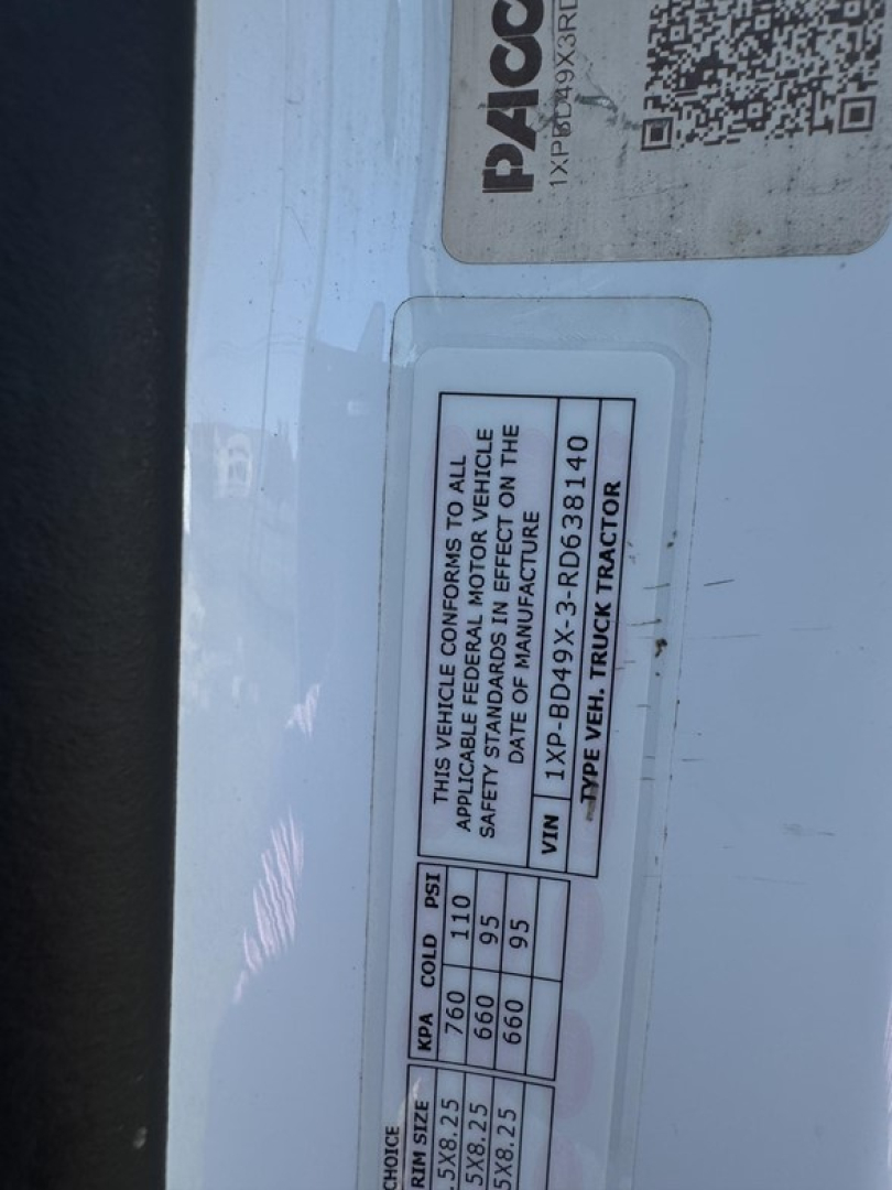 Peterbilt 579 truck door jamb label showing VIN 1XPBD49X3RD638140, stock B3060P, with specifications and manufacturing data visible.