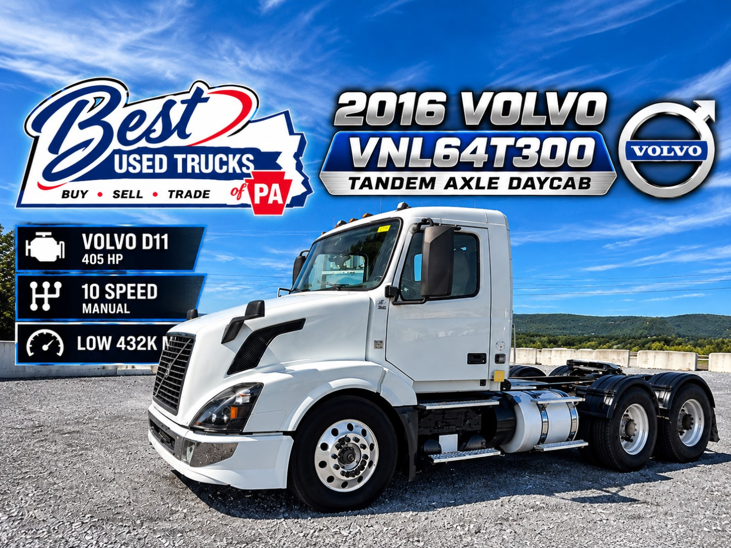 2016 Volvo VNL64T300 day cab truck in side-view with graphics showing 405 HP Volvo D11 engine, 10 speed manual, low 432k miles and tandem axle day cab.