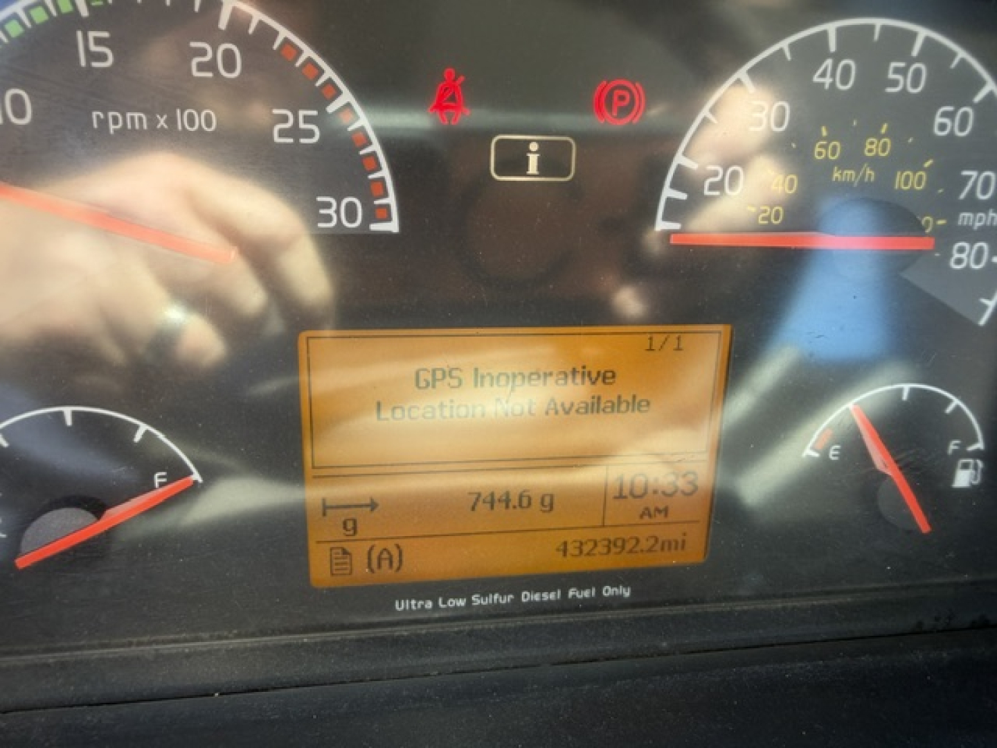 Dashboard of a 2016 Volvo VNL64T300 showing GPS Imprerative Location Not Available message on the central display; gauges for rpm, speed, fuel, and coolant; small indicators and odometer reading.