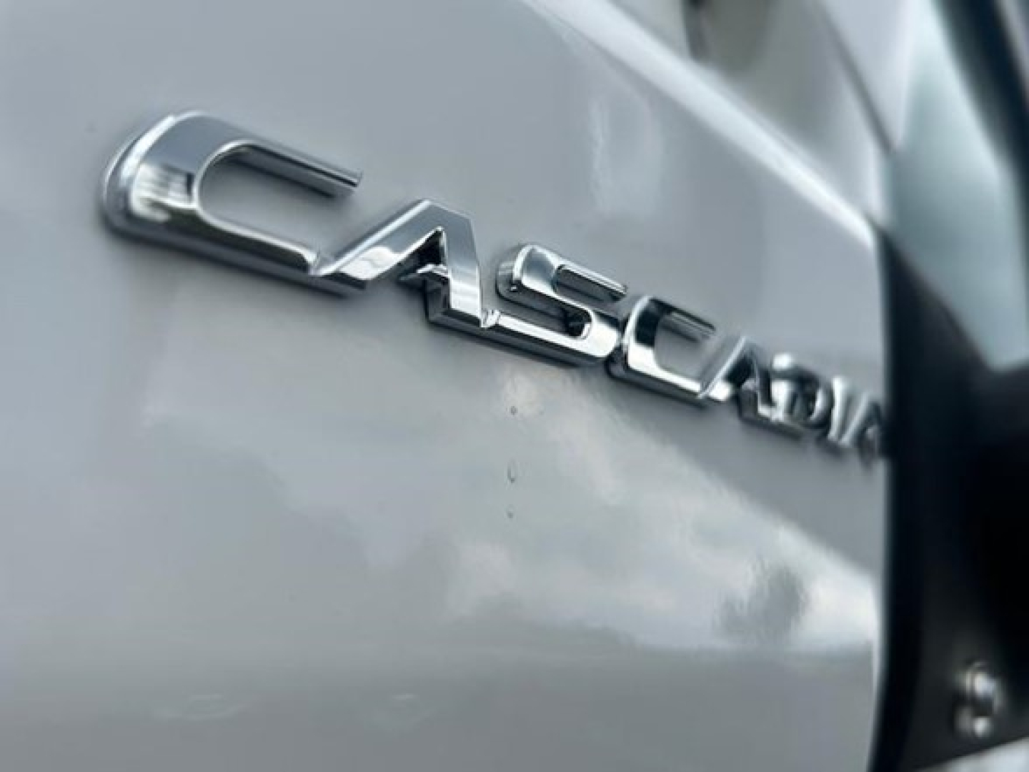 Casco emblem on the side of a Freightliner Cascadia truck cab showing chrome letters 'CASCADIA'.