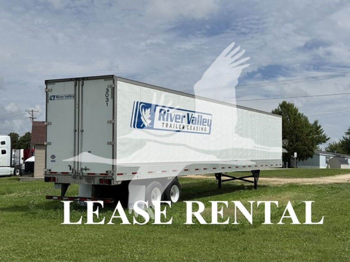 Trailer showing River Valley Leasing logo and 'LEASE RENTAL' overlay. Side of a 53-foot utility trailer with dual wheels and white exterior.