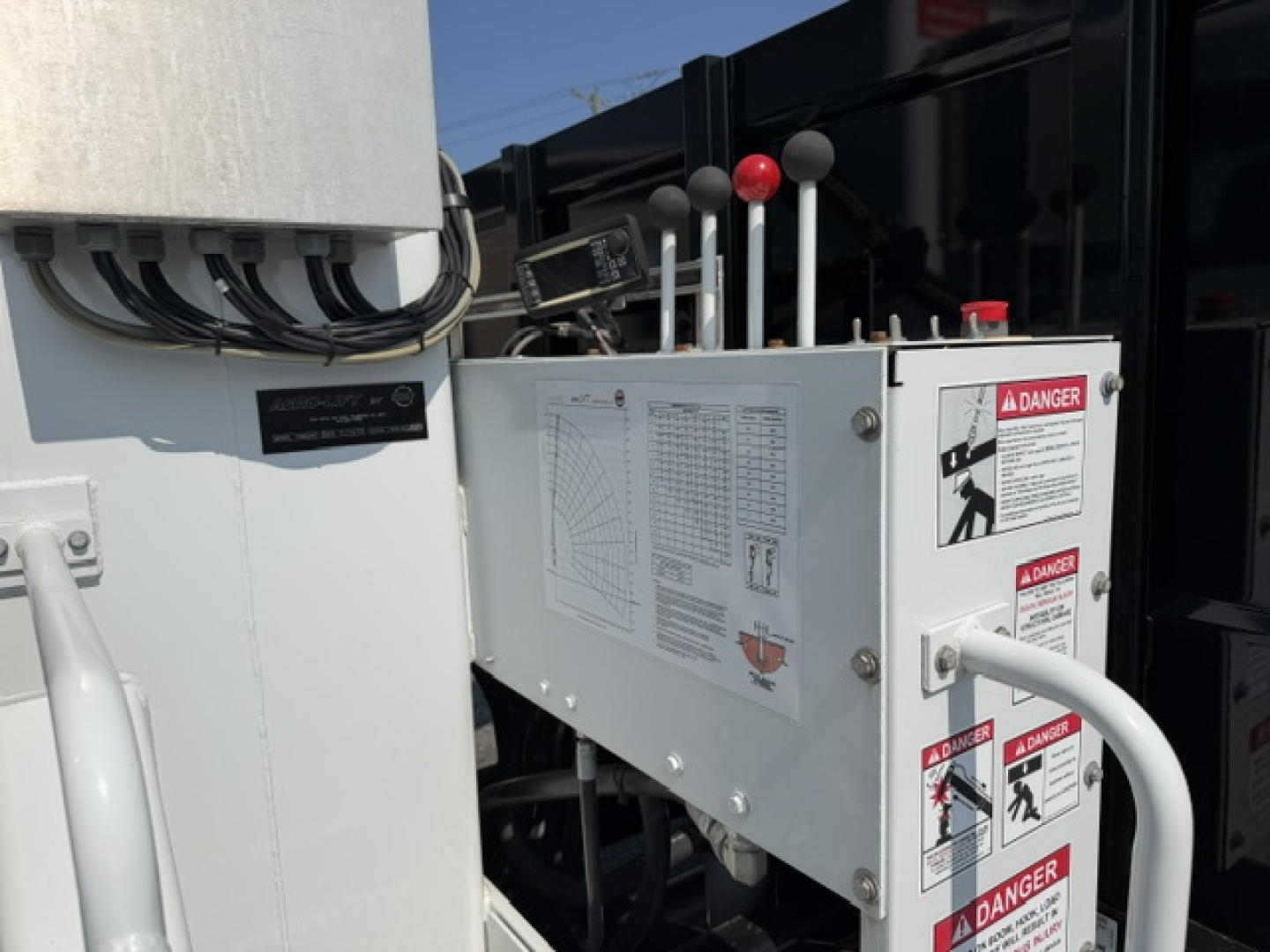 Freightliner M2-106 crane truck control panel with red/black levers and warning labels, side view showing operators panel and safety placards.