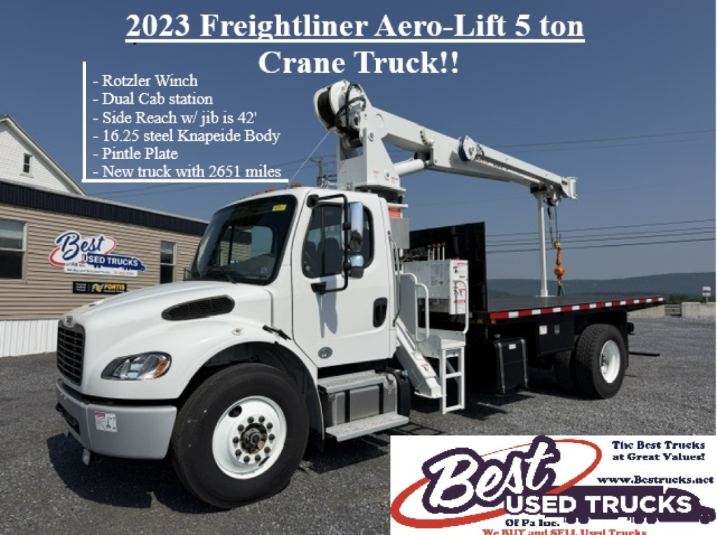 Truck with crane showing 2023 Freightliner Aero-Lift 5 ton Crane Truck text including Rotzler Winch, Dual cab station, Side Reach w jib 42', 16.25 steel Knapeerde Body, Pintle Plate, New truck with 2651 miles, Best Used Trucks logo.