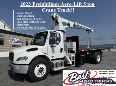 Truck with crane showing 2023 Freightliner Aero-Lift 5 ton Crane Truck text including Rotzler Winch, Dual cab station, Side Reach w jib 42', 16.25 steel Knapeerde Body, Pintle Plate, New truck with 2651 miles, Best Used Trucks logo.
