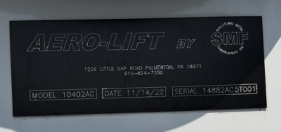 AERO-LIFT by SMF metal plate showing model 10402AC, date 11/14/22, serial 14882AC51001 on Freightliner M2-106 crane equipment.