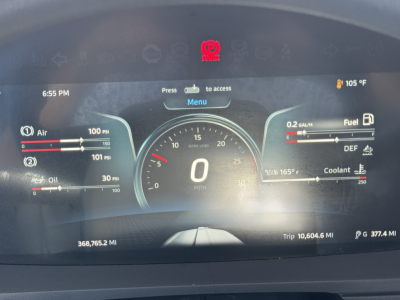 Kenworth T680 digital instrument cluster显示 speedometer at 0 mph with multiple gauges for air, oil, fuel, coolant, and odometer readouts.