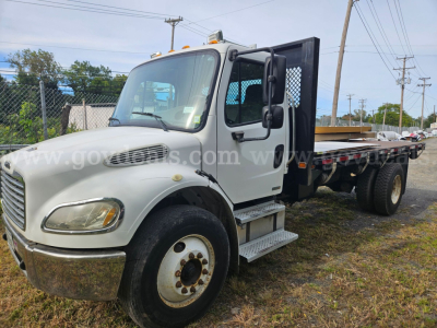 Truck cab with flatbed trailer showing front grille, headlights, side mirror, and steps. Side window text appears on the truck cab.