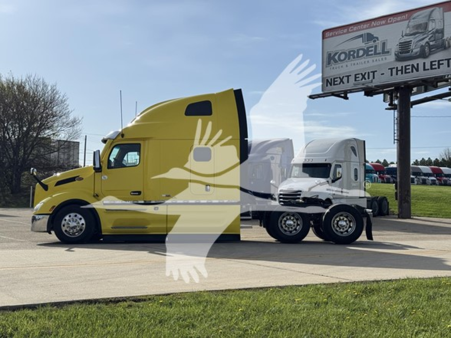 Conventional sleeper truck shown in side profile with yellow cab and white trailer, Peterbilt 579, VIN visible in listing context.