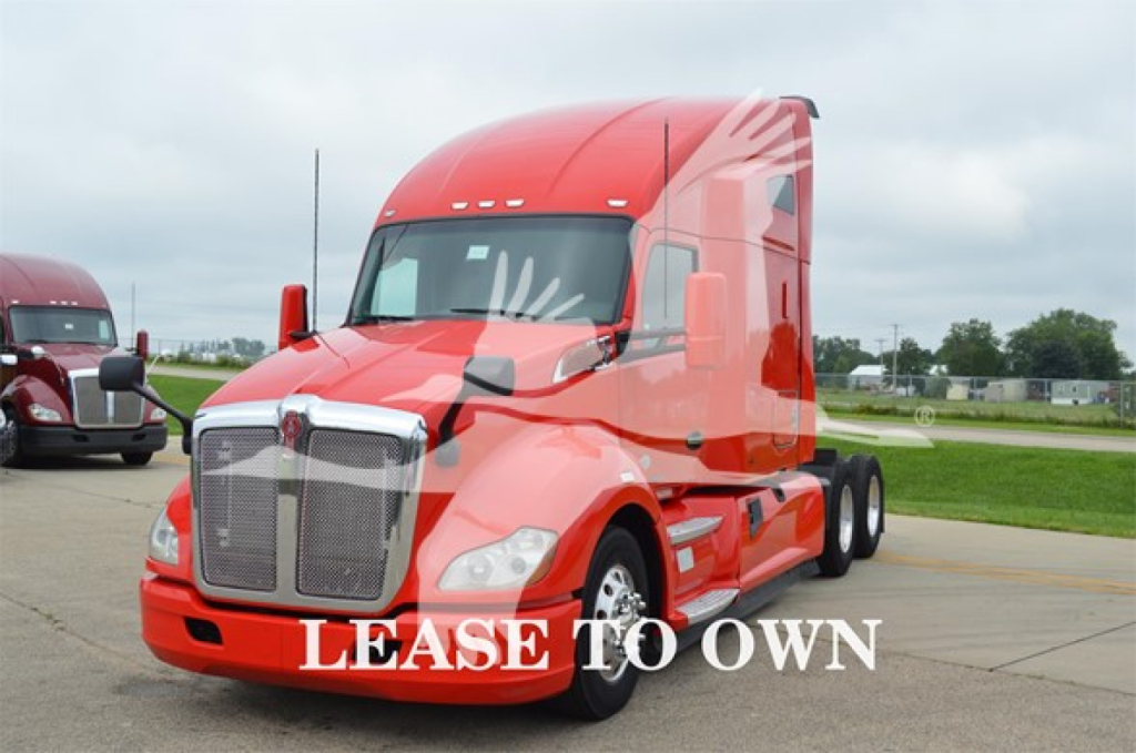 Kenworth T680 truck in red color with text 'LEASE TO OWN' across front grille.