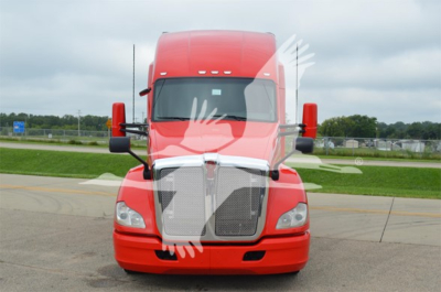 Front view of a red 2018 Kenworth T680 truck showing grille, headlights, windshield, and mirrors.