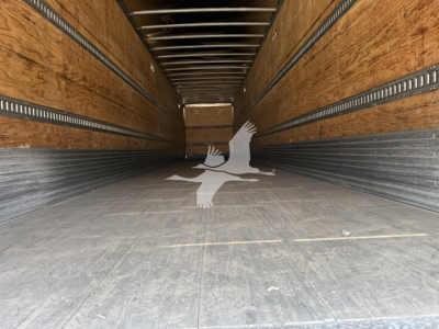 Interior of a Hyundai roll door van trailer showing wooden side walls, metal side rails, and empty cargo floor with a watermark of birds in flight.