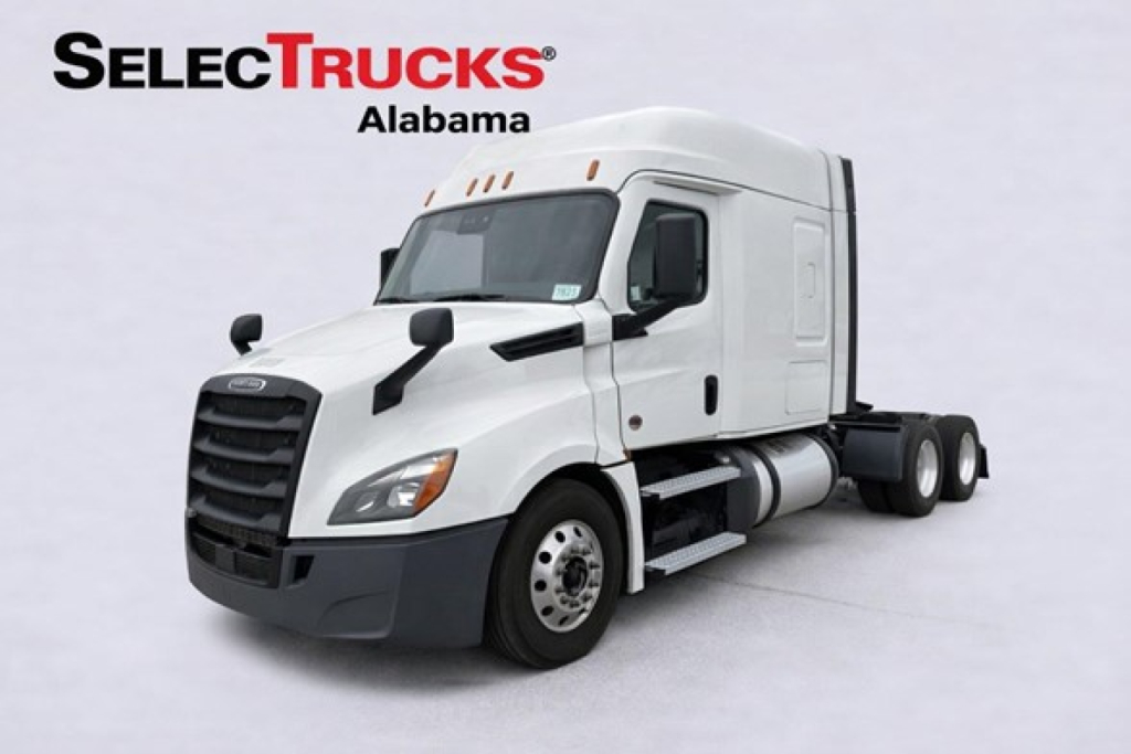 Freightliner Cascadia 126 sleeper cab truck in front view with SelecTrucks Alabama logo.