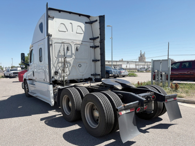 Freightliner Cascadia126 tractor rear view showing dual rear axles and chassis with fifth-wheel missing and bumper guards.