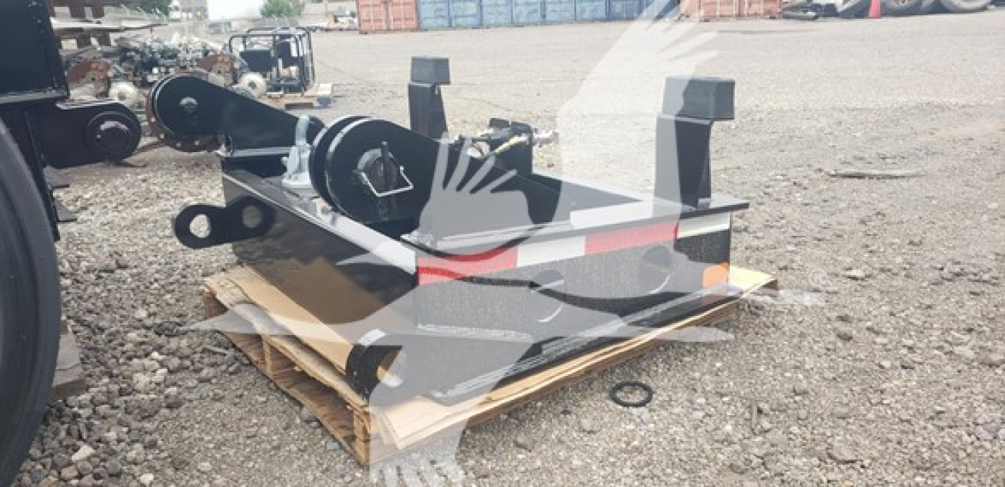 Fontaine lowboy trailer component showing mounting brackets and base frame with dual front legs and hitch area.