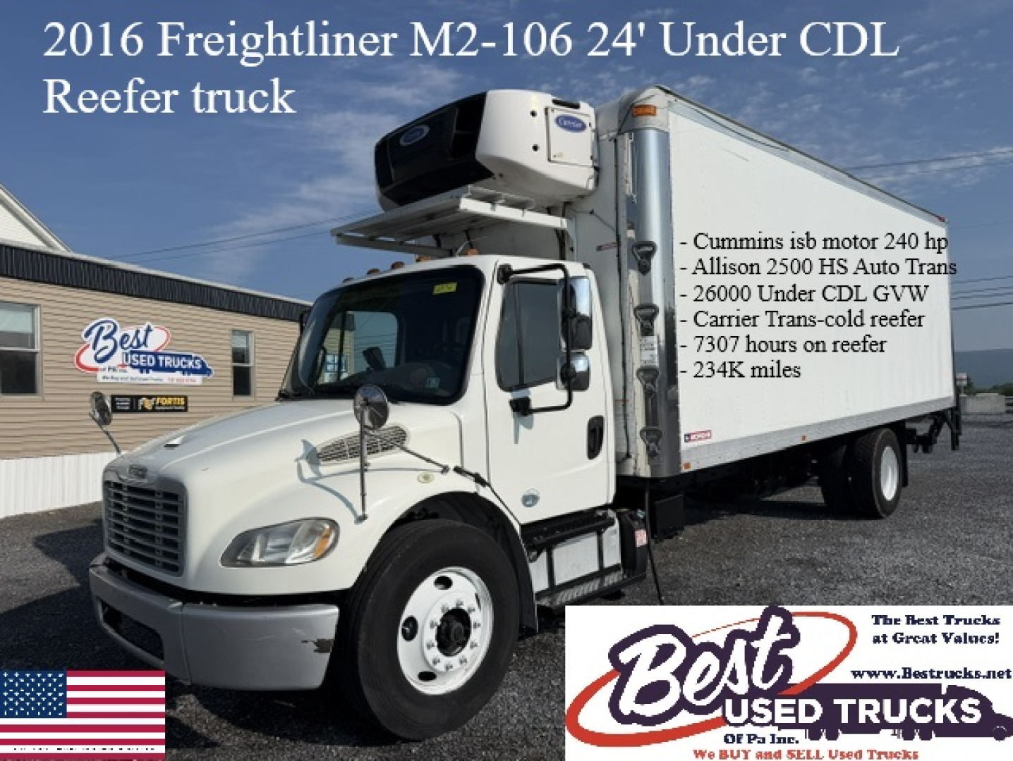 Freightliner M2-106 refrigerated truck side with white cab and under-cab refrigeration unit, text overlay lists specs and mileage.