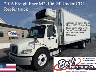 Freightliner M2-106 refrigerated truck side with white cab and under-cab refrigeration unit, text overlay lists specs and mileage.