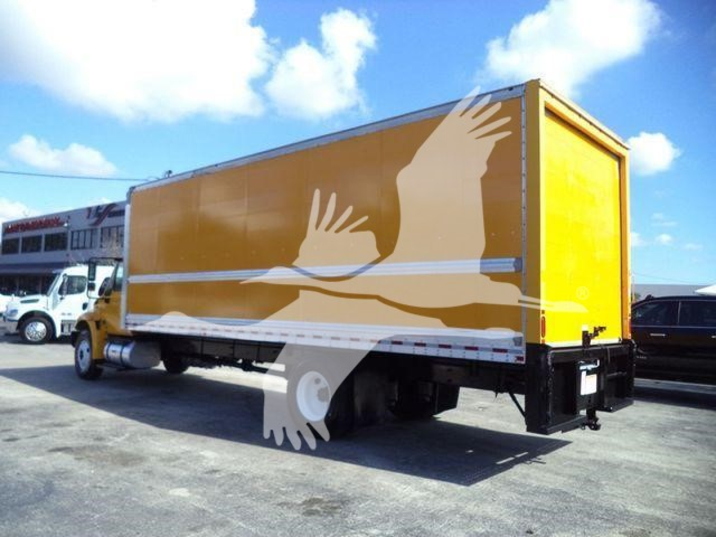 2019 International Durastar box truck viewed from rear-left side showing yellow cargo body with white graphic extending along side.
