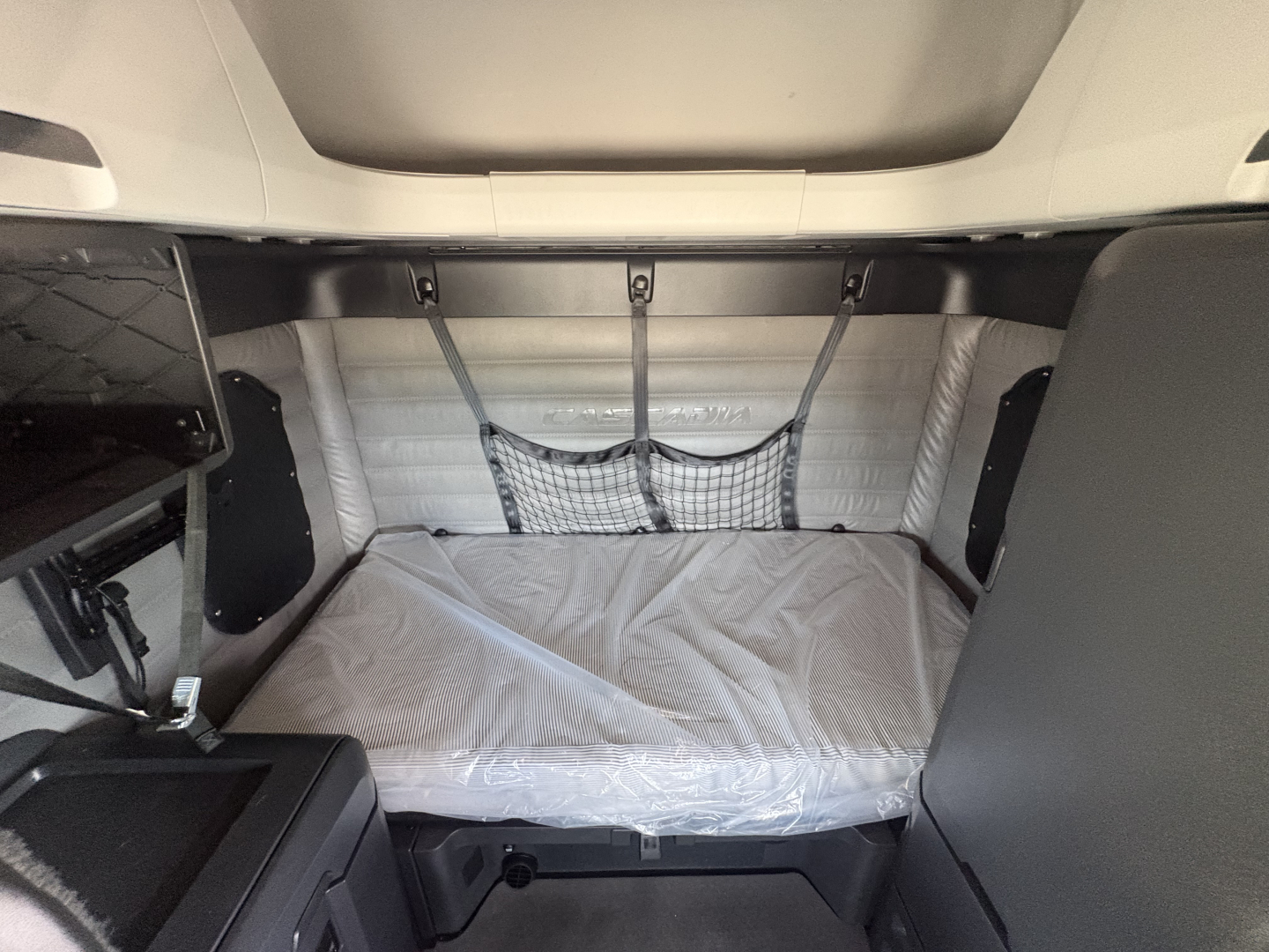 Freightliner Cascadia 126 sleeper cab interior with bed and storage nets visible.