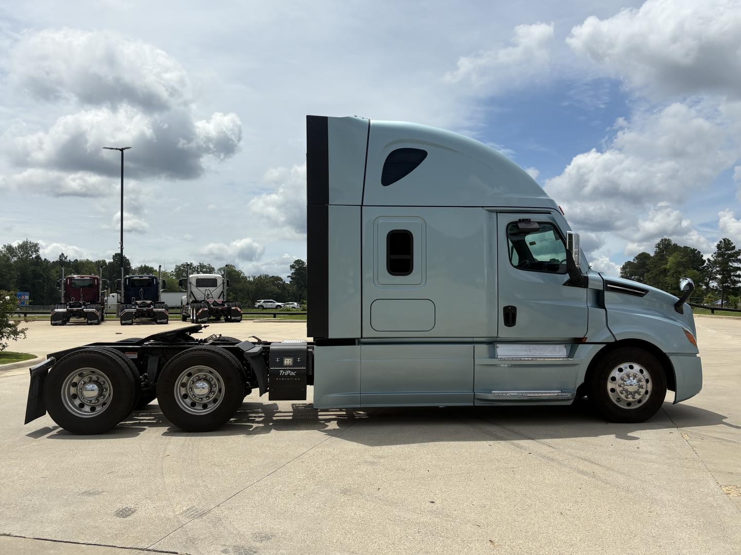 Freightliner Cascadia 126 truck in side profile view showing sleeper cab, two rear axles, gray paint, and side mirrors.