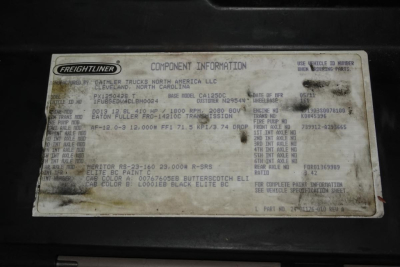 Freightliner component information plate on a 2012 Cascadia 125 showing VIN 1FUBGEDV4CLBH0024 and build data.