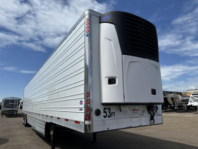 Rear-left view of a 2017 Utility 3000R refrigerated trailer with a white corrugated body and a black refrigeration unit at the front. Exterior shows '3000R' vertical decal, 53 ft length, stock number UE11741, VIN visible.