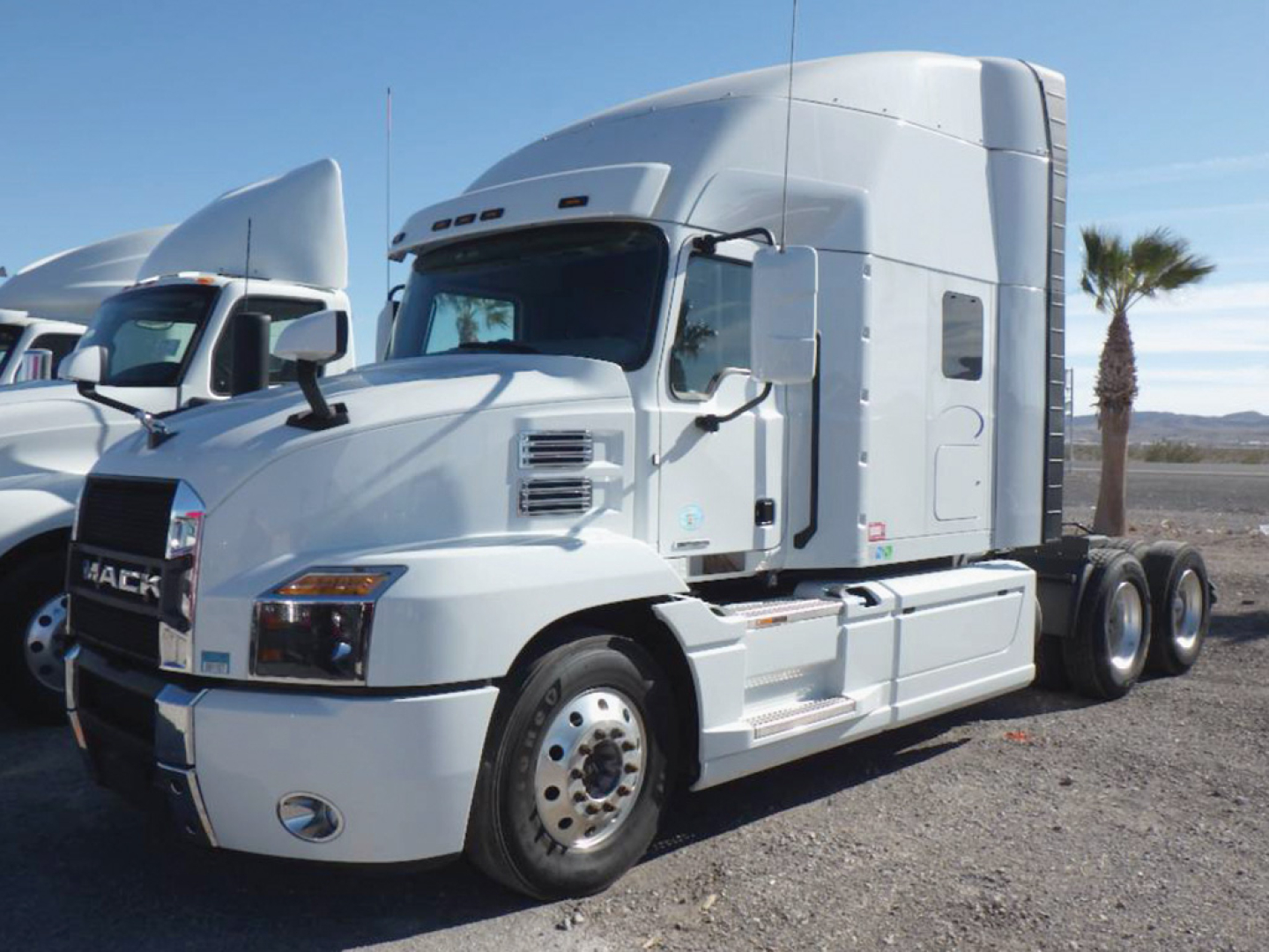 Mack Anthem truck cab and sleeper showing side view with white paint and dual rear axles.