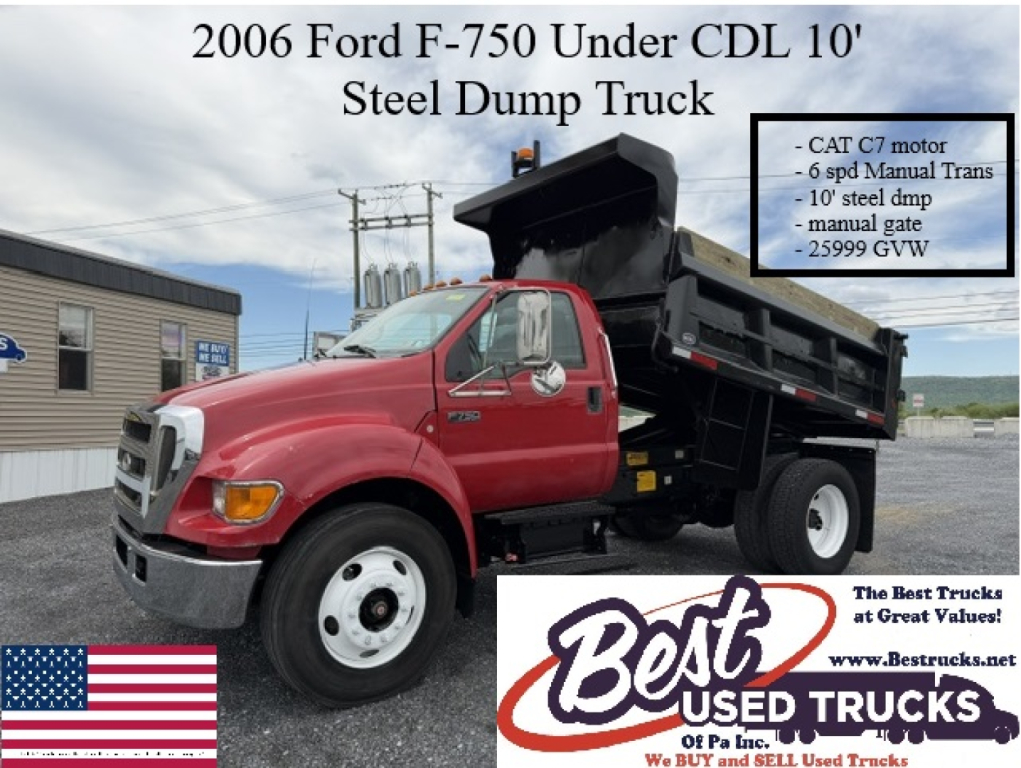 2006 Ford F-750 dump truck side view with steel dump bed raised, cab in red, Best Used Trucks logo, stock and VIN text overlay
