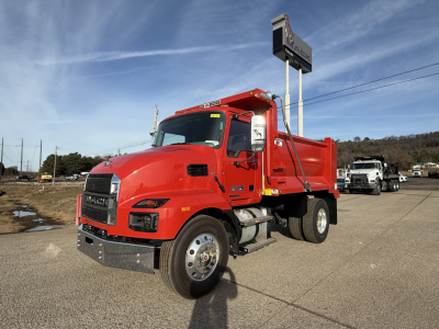 2025 Mack MD7 dump truck shown in red with front grille and dual rear wheels, VIN 1M2MDBAA0SS077608.