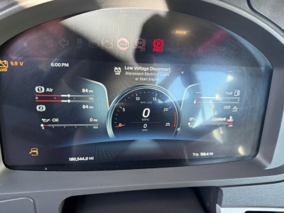 Dashboard display of a Kenworth T680 showing digital gauges, fuel, coolant, air pressure, and warning icons.