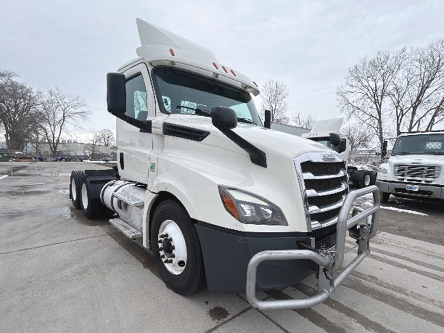 Truck front-left view of a white 2019 Freightliner Cascadia126 Conventional Daycab with grille guard, dual rear axles, and trimmed bumper.