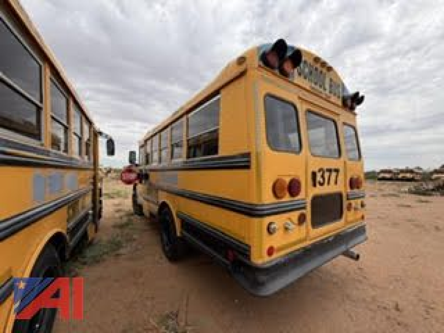 Rear view of a yellow Freightliner FS65 school bus showing back bumper and taillights, with bus number 3377 and exterior decals.