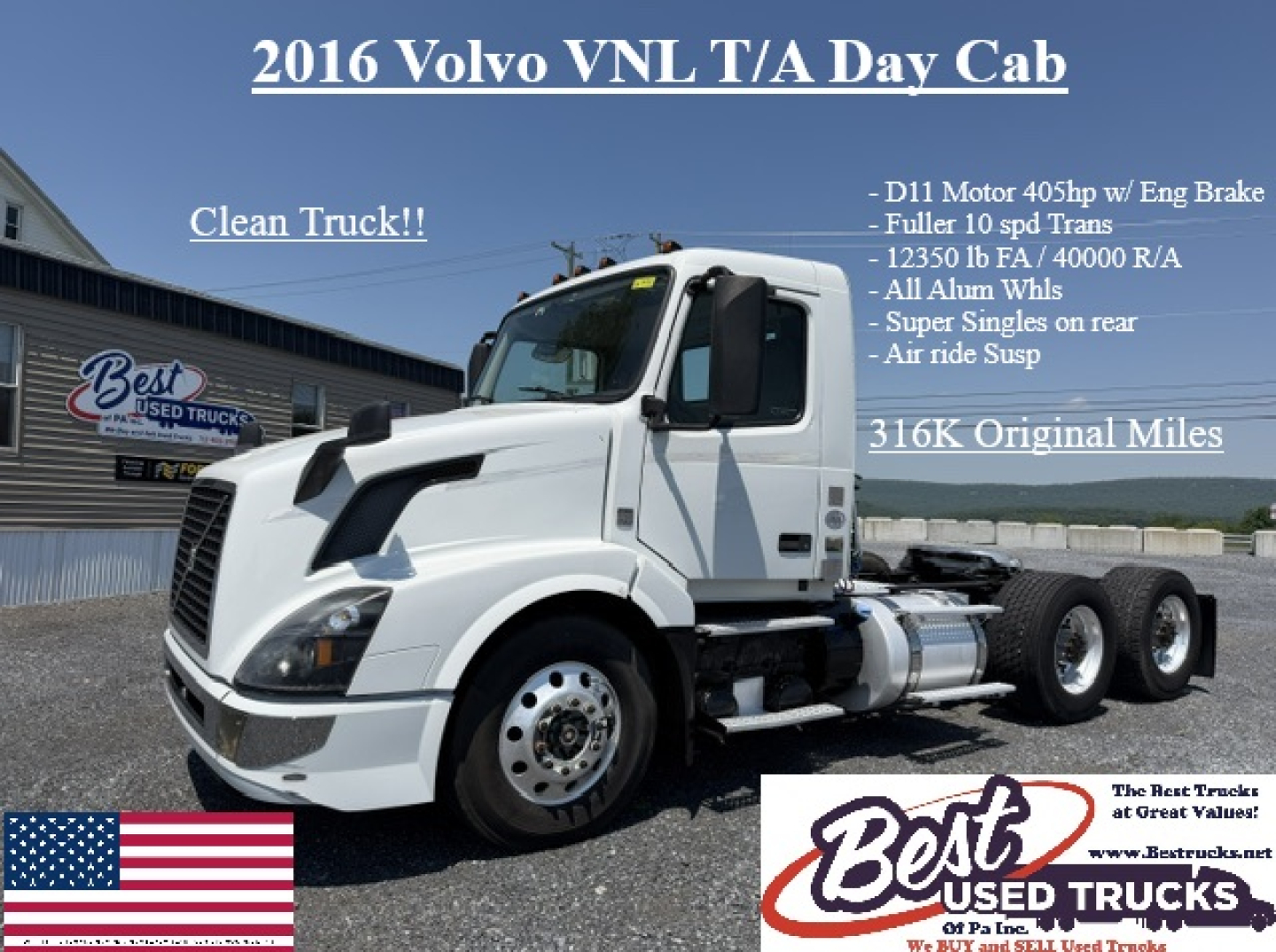 2016 Volvo VNL T/A Day Cab showing front left angle, side text and mileage label.