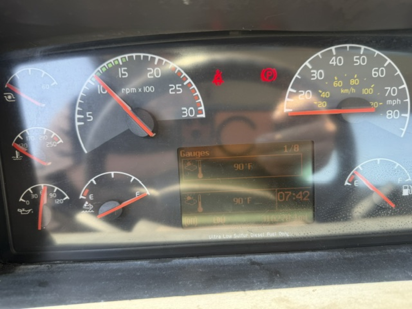 Dashboard cluster of a 2016 Volvo VNL64T300 showing analog gauges and digital display.
