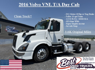 2016 Volvo VNL T/A Day Cab showing front left angle, side text and mileage label.