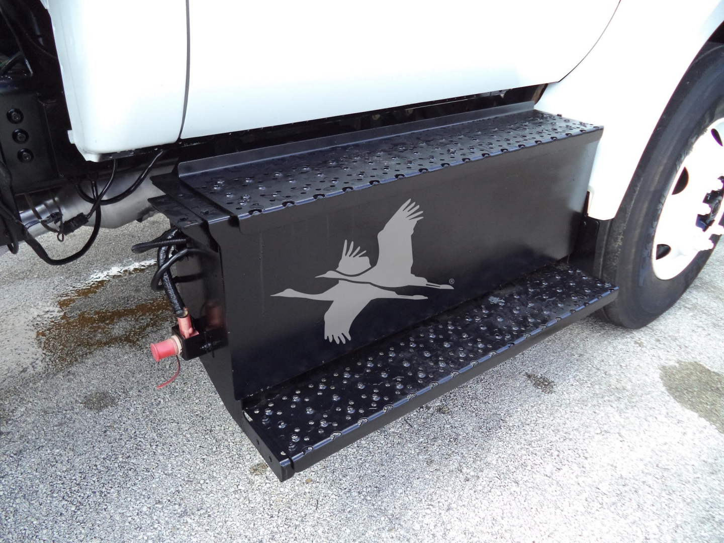 Step side of a Ford F650 truck showing a black service step with a bird logo and textured metal surface.