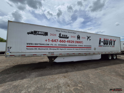 53' dry van trailer showing I-Way Transport logos and contact number on side panel