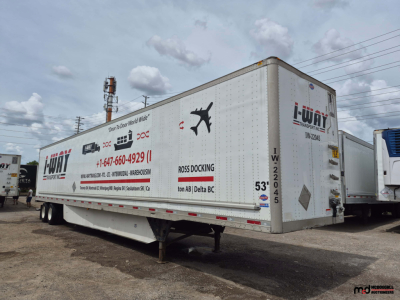 2022 Utility 53' dry van trailer showing I-WAY logo and contact numbers along side with 53' marking and VIN plate.