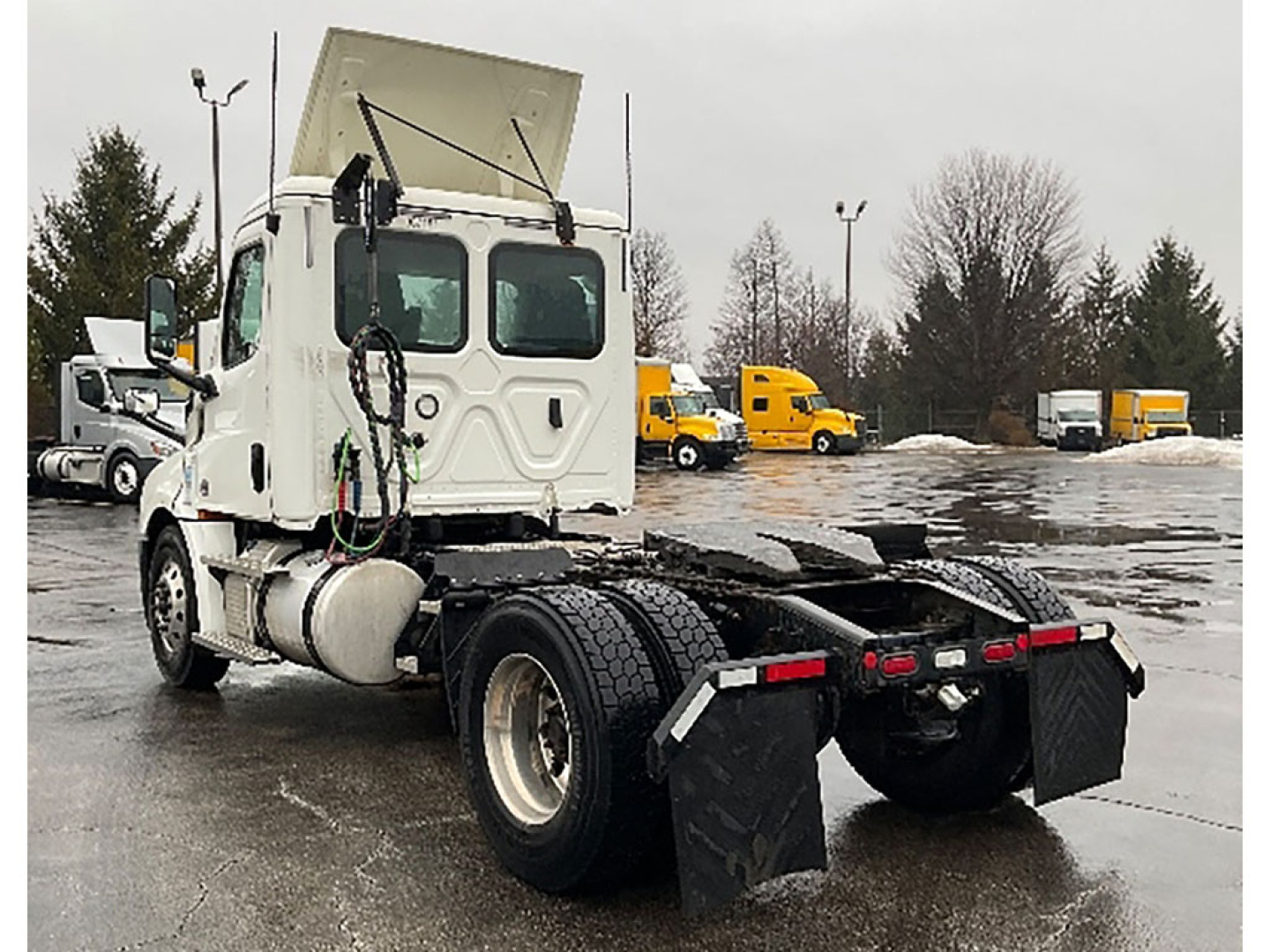 Truck chassis and cab of a Freightliner Cascadia 126 with fifth wheel area visible and back view showing dual rear tires.