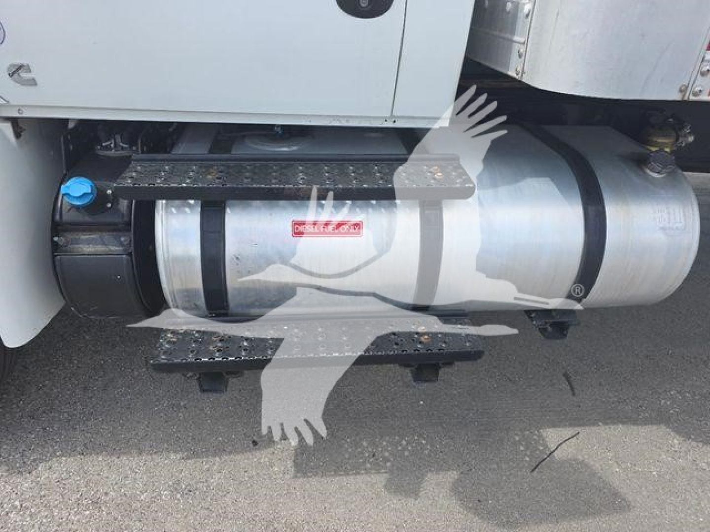 Truck side view showing diesel fuel tank and side step on International MV, blue fill cap, under-cab storage, and metal chassis.