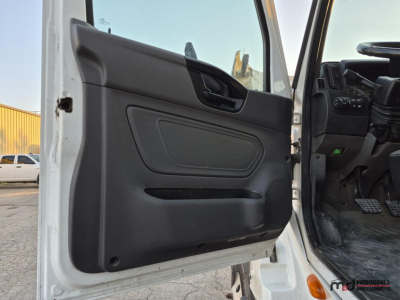 Truck interior door panel and cab entry showing part of cab interior and floor mats.