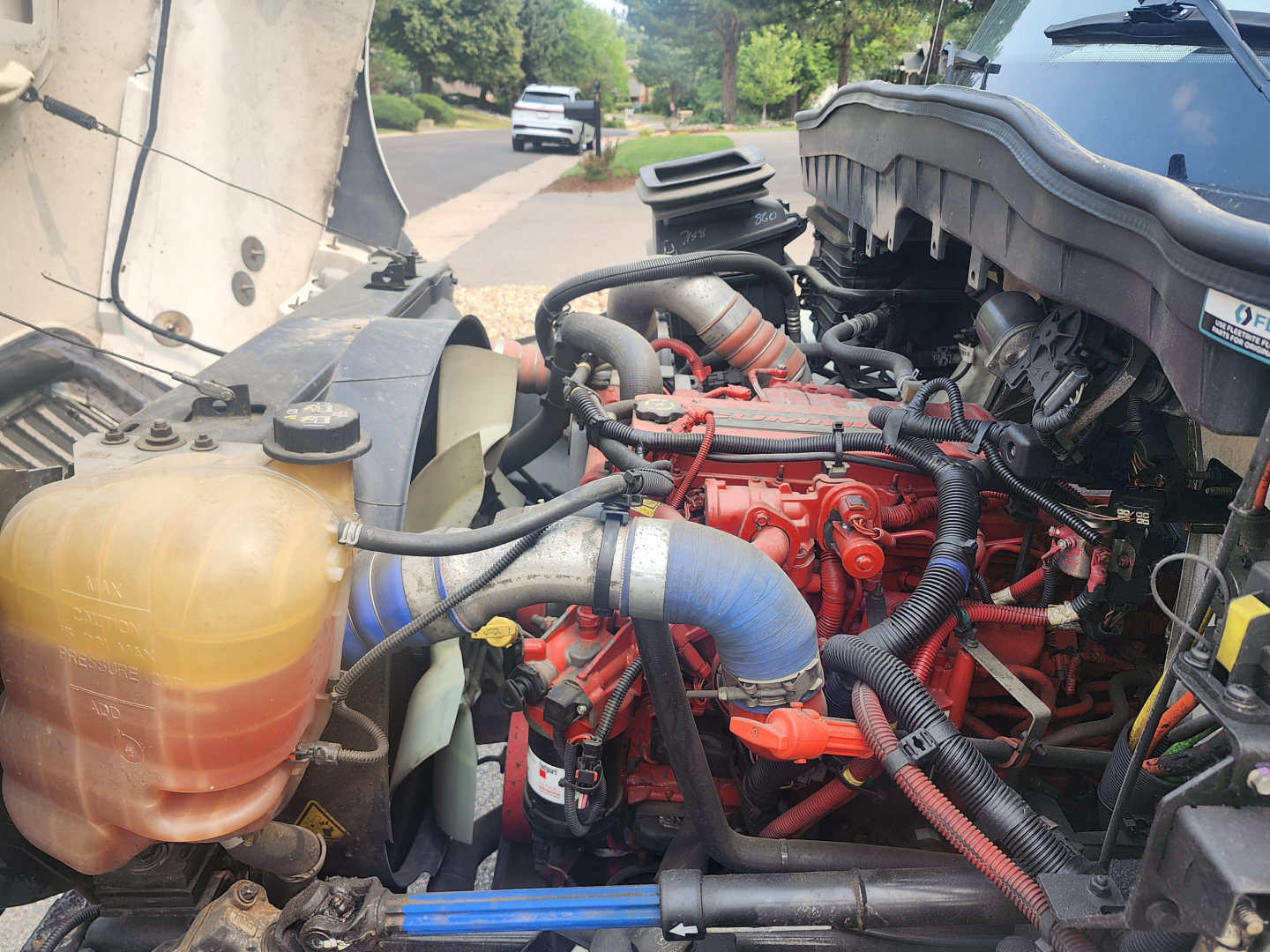 Engine bay of a 2020 International MV607 showing red engine block, blue coolant hose, yellow coolant reservoir, surrounding hoses and components.