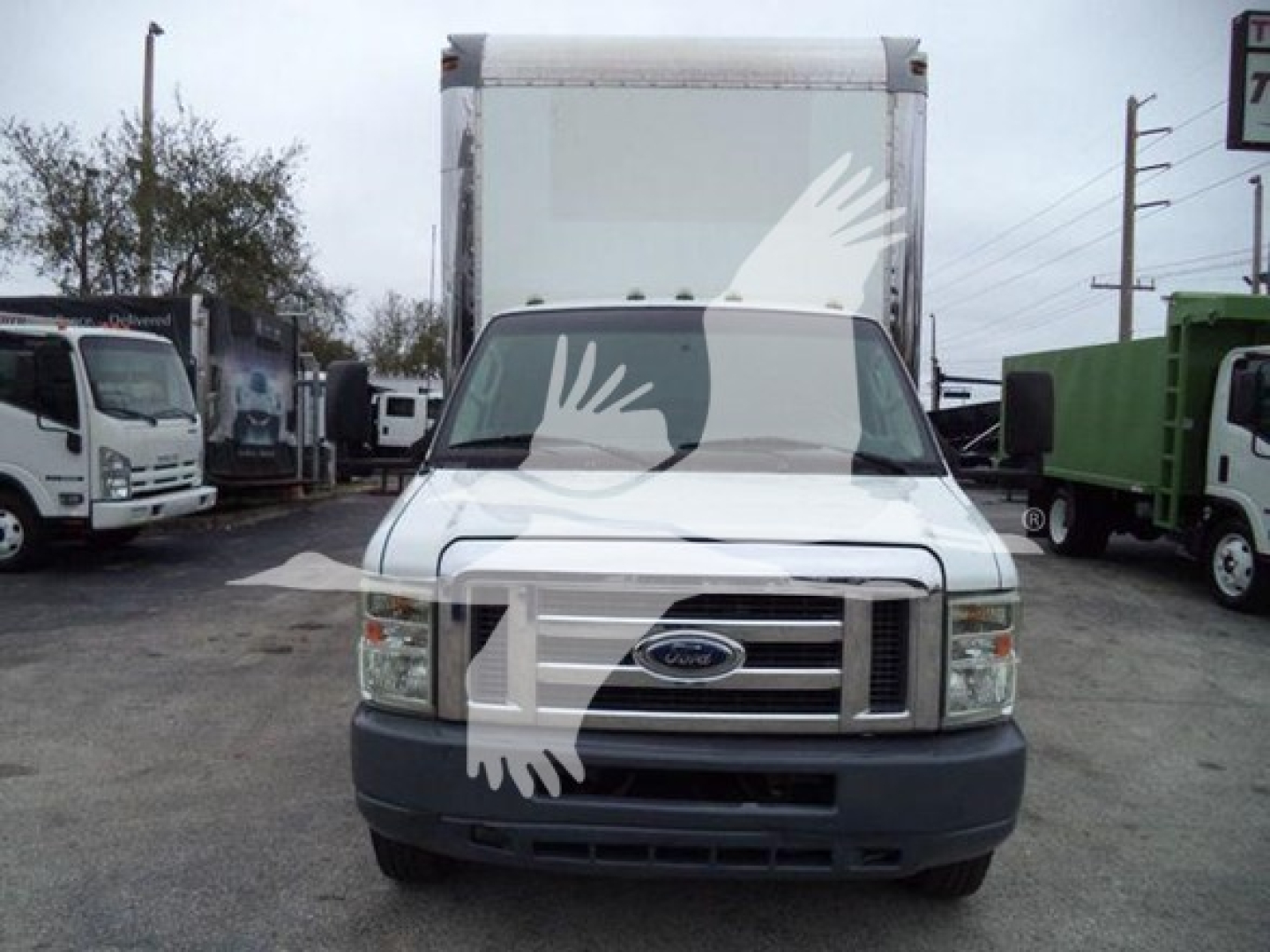 Ford E450 box truck front view showing grille, headlights, and front bumper.