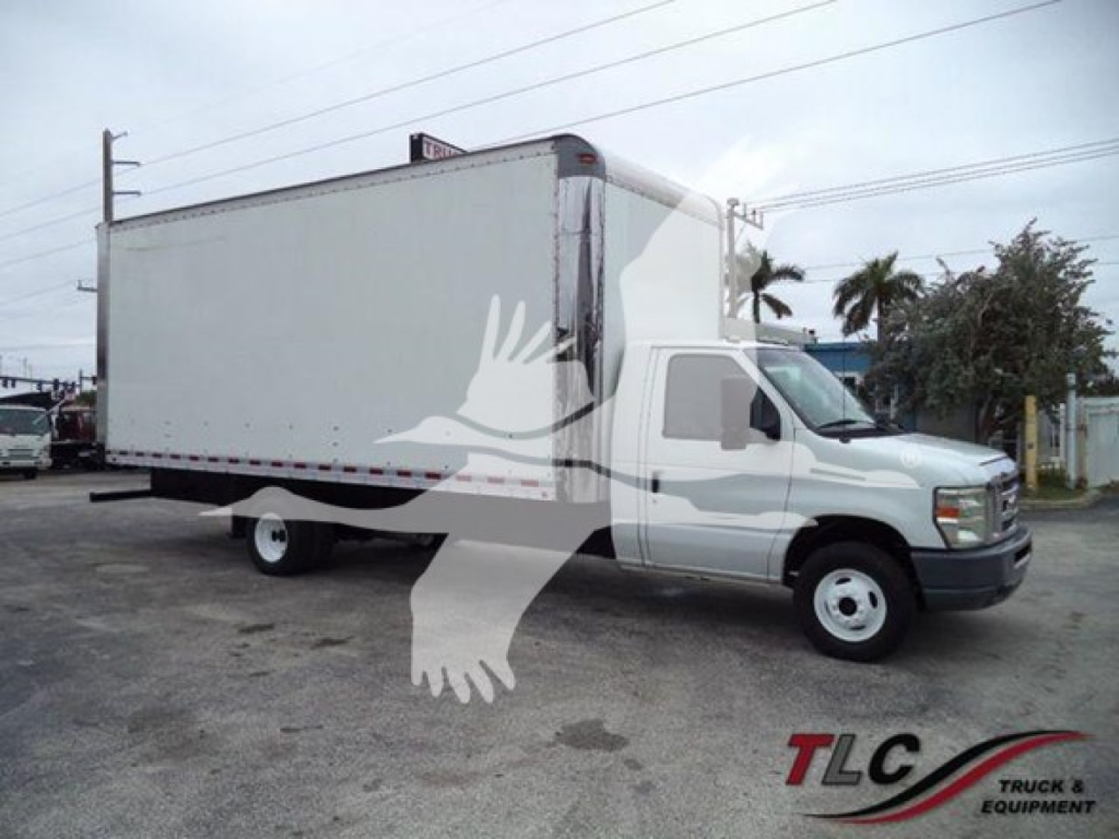 Ford E-450 box truck with white cab and large box body, side view showing wheel, front grille, and branding watermark.