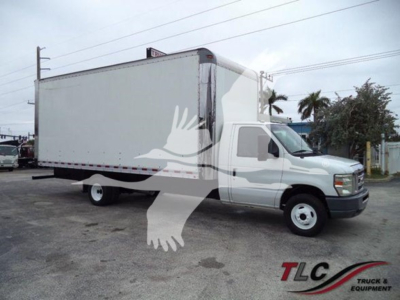 Ford E-450 box truck with white cab and large box body, side view showing wheel, front grille, and branding watermark.