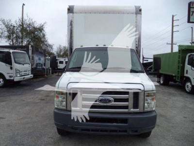 Ford E450 box truck front view showing grille, headlights, and front bumper.