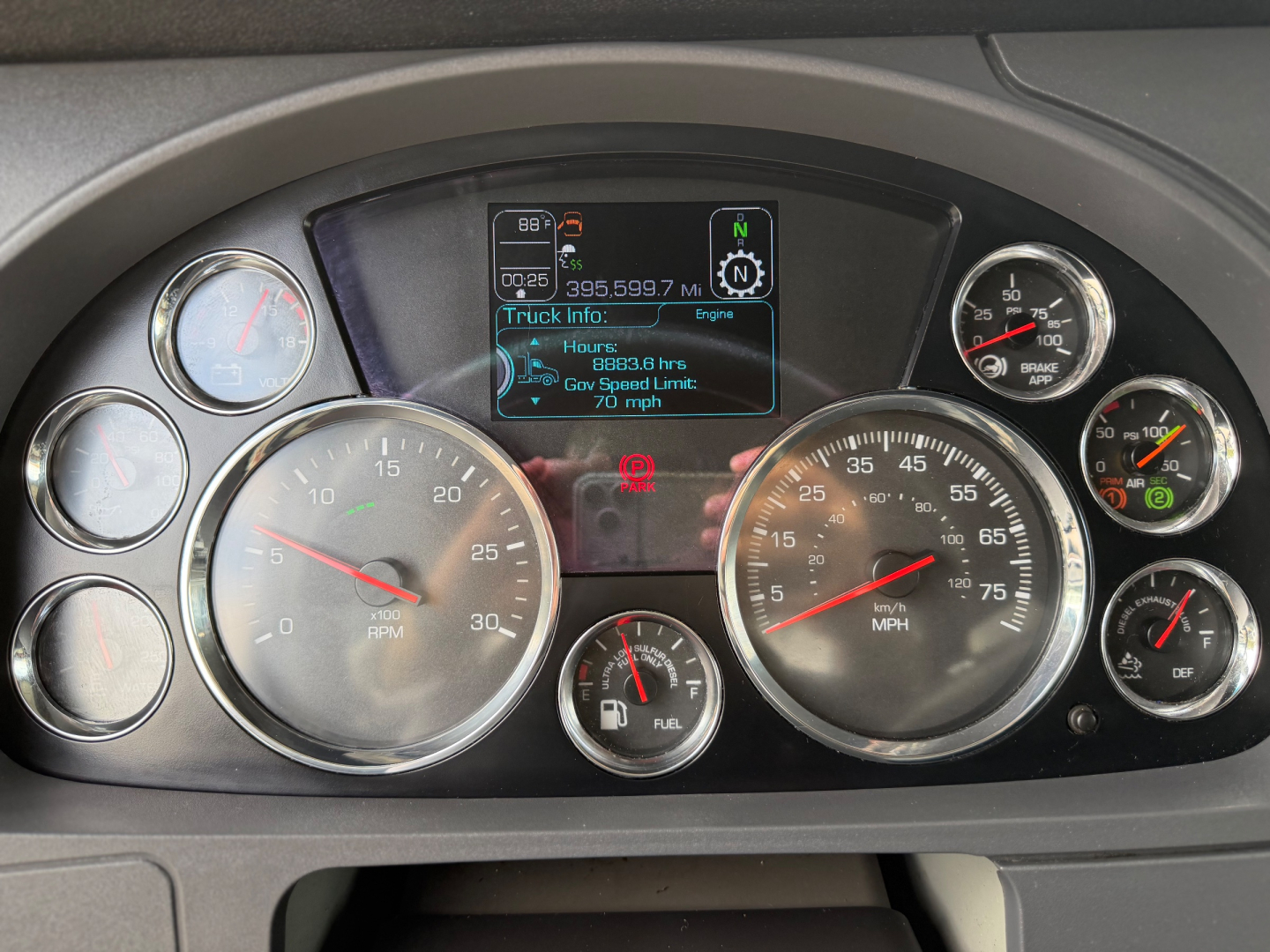 Kenworth T680 instrument cluster dashboard with multiple gauges, center digital display showing truck information, and various warning lights.