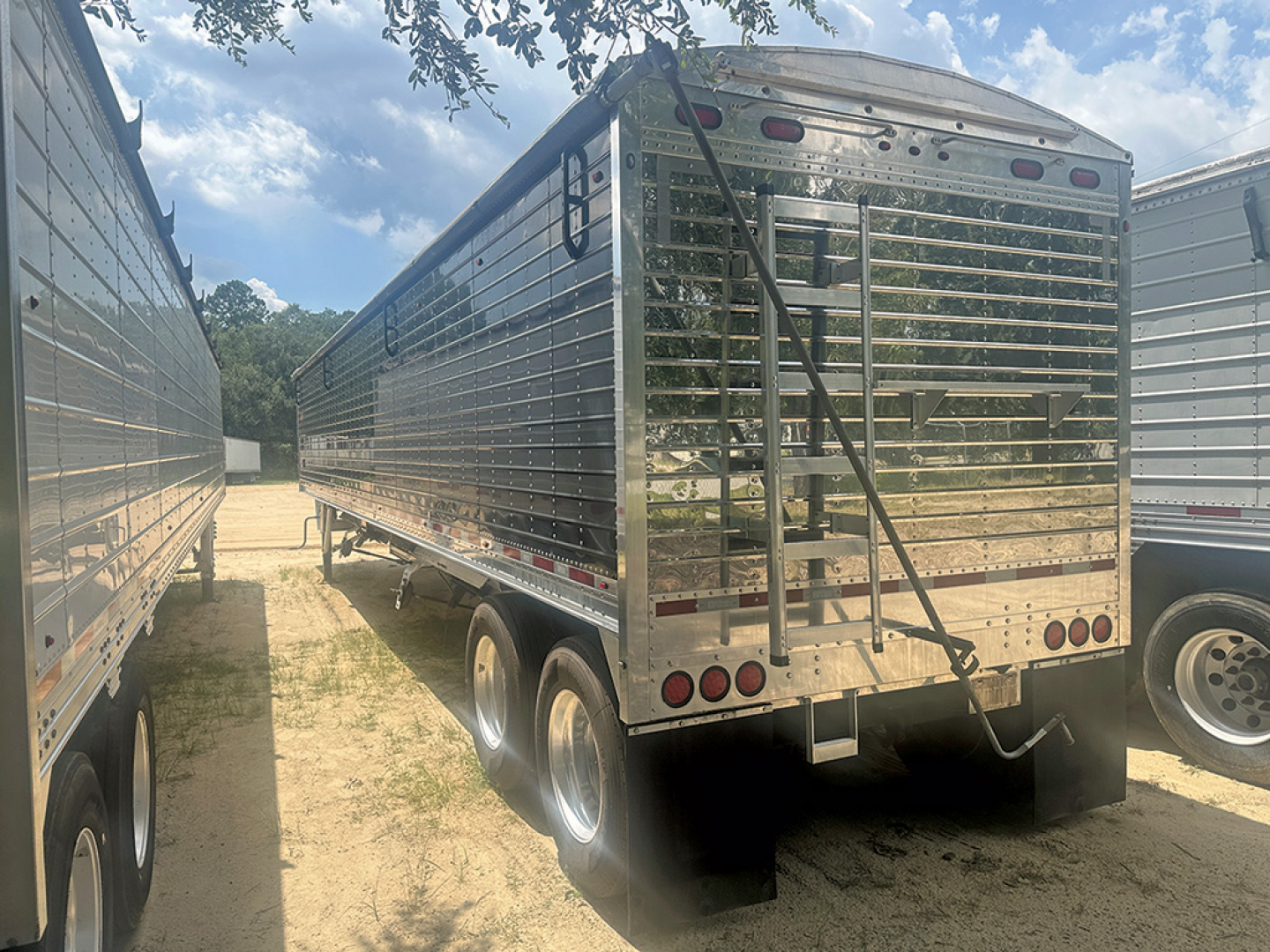 Rear view of a 2019 Wilson Pacesetter hopper trailer showing tandem wheels, chrome metal sides, rear ramp, and taillights.